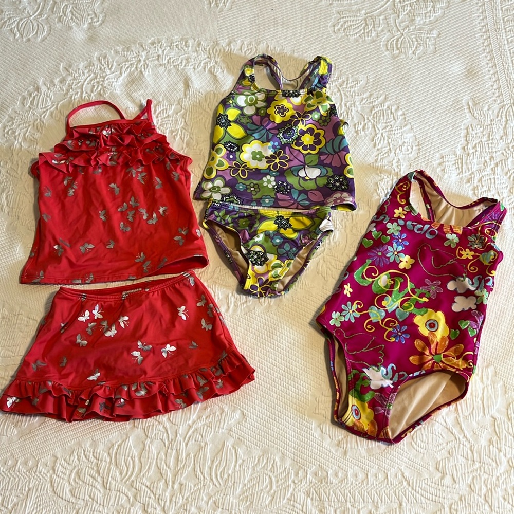 3 swimsuit set, bundle, 2 Speedos & 1 Land's End, pink/purple/floral, size 8